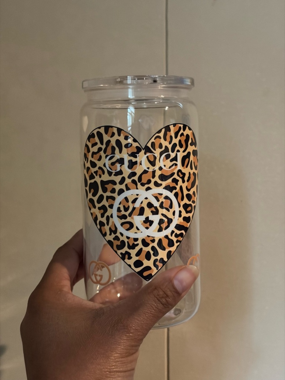 Gucci Leopard Heart Clear Acrylic Cup - Black & Tan Print